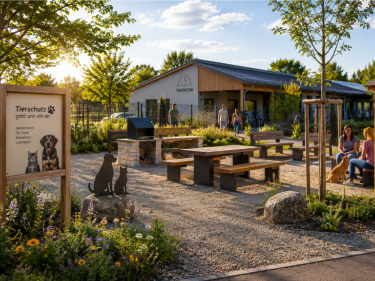 Vor dem neuen Tierheim entsteht ein frei zugänglicher Begegnungsplatz mit Sitzgelegenheiten, Grillmöglichkeit und Informationsangeboten zu Tierschutz und Natur.