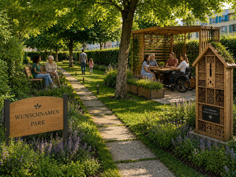 Der kleine Park (Ecke Altbohlstraße/Weidenweg) soll mit Hilfe von Tisch-und Sitzbänken zum spontanen Treffpunkt für Jung und Alt werden.