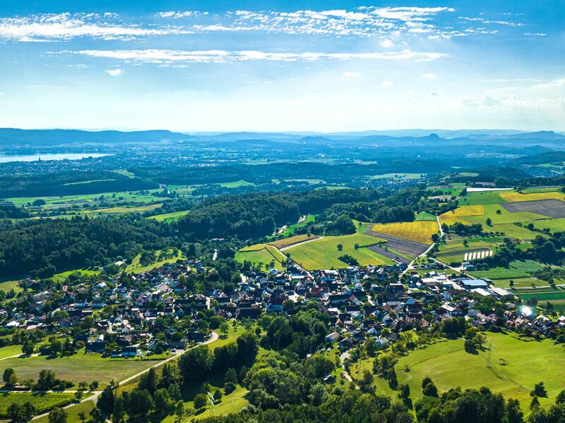 Panoramaaufnahme von Liggeringen umgeben von Wald und Feldern, mit dem Bodensee im Hintergrund unter einem klaren Himmel.