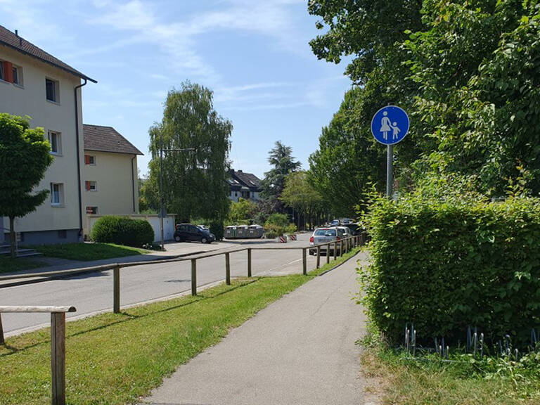 Ein Gehweg neben einer Straße mit einem Verkehrsschild für Fußgänger, flankiert von Bäumen und Wohngebäuden.
