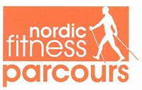  Logo der nordic fitness parcours, orange hinterlegt und rechts ist eine Person abgebildet die mit Stöcken läuft 