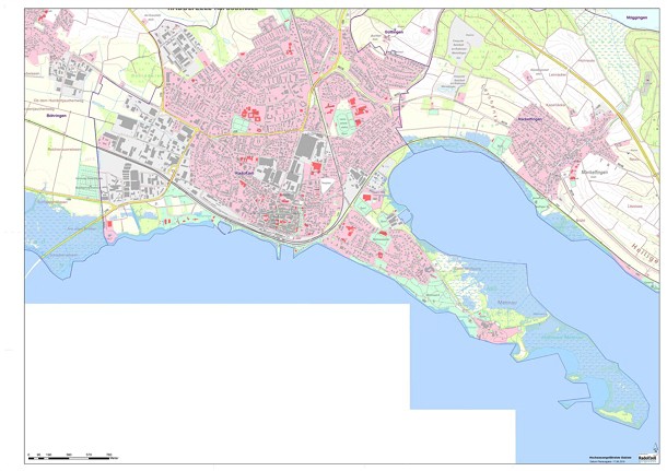  Karte von Radolfzell mit den vom Hochwasser bei Wasserstand von fünf Metern betroffenen Gebieten, Teile der Mettnau sind mit Wasser bedeckt ebenso der Radolfzeller Aachried 