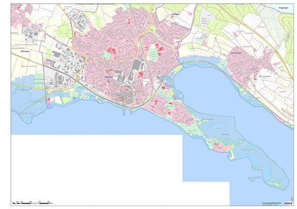 Karte von Radolfzell mit den vom Hochwasser bei Wasserstand von 5,40 Metern betroffenen Gebieten, Teile der Mettnau sind mit Wasser bedeckt ebenso der Radolfzeller Aachried 