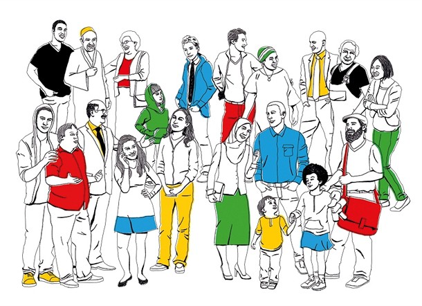  Menschen unterschiedlichsten Alters mit bunten Kleidungsstücken, gezeichnet 