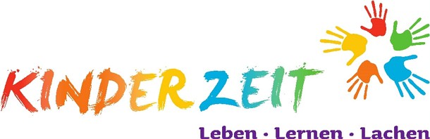  Bunter Schriftzug Kinderzeit, rechts davon ein Kreis aus bunten Handabdrücken darunter steht Leben, Lernen, Lachen 