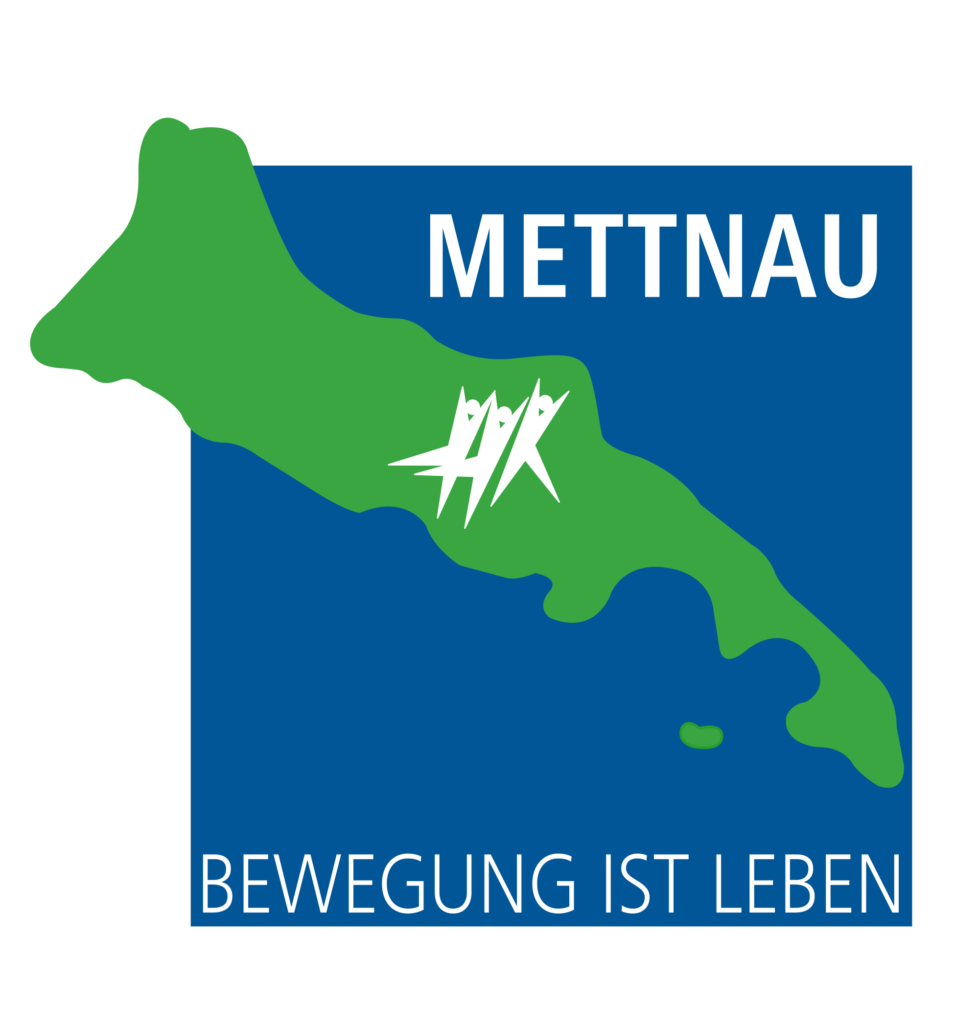 Das Bild zeigt eine stilisierte grüne Karte der Halbinsel Mettnau auf blauem Hintergrund mit den Worten "METTNAU" oben und "BEWEGUNG IST LEBEN" unten.