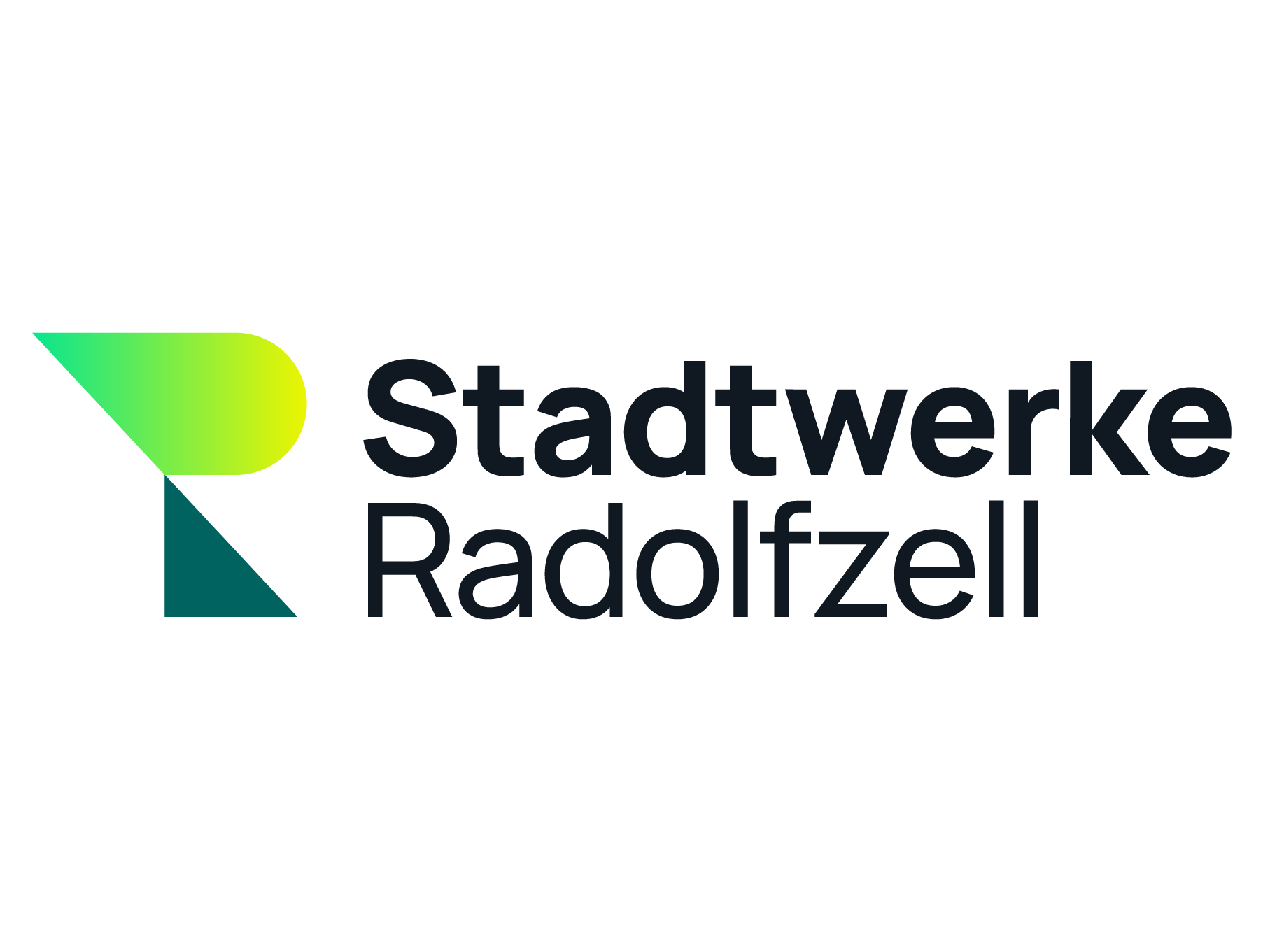 Das Bild zeigt das Logo der Stadtwerke Radolfzell mit dem Schriftzug in dunkelblauen Buchstaben und einem Streifen farbiger Rechtecke darunter.